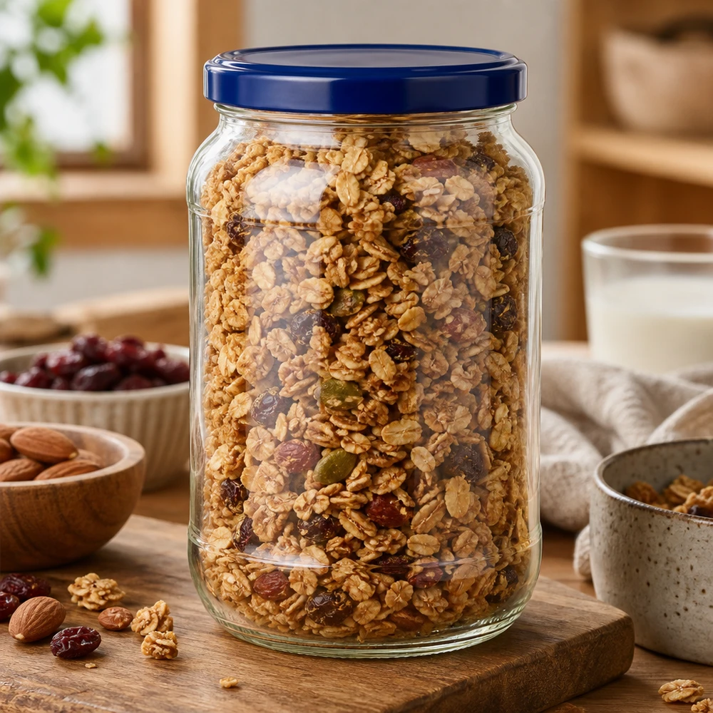 Barattolo rotondo da 1062 ml + coperchio BasicSeal blu UNiTWIST 1062ml barattolo rotondo UNiTWIST coperchio blu con muesli noci frutta secca barattolo di stoccaggio cucina tavola di legno