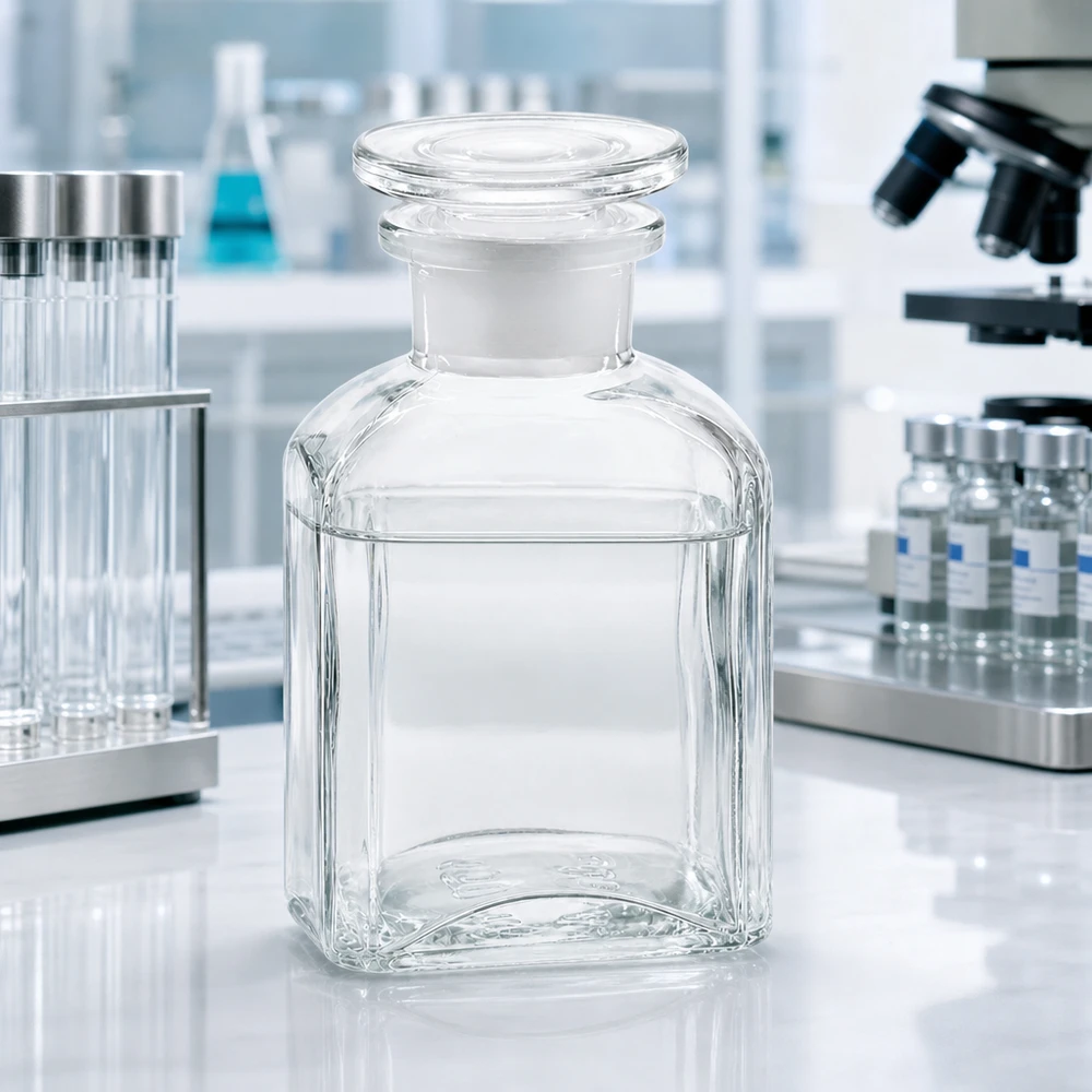 Bottiglia quadrata da 150 ml trasparente a collo largo con tappo in vetro Fiaschetta da laboratorio rettangolare da 150 ml in vetro trasparente con ampia apertura e tappo incastonato