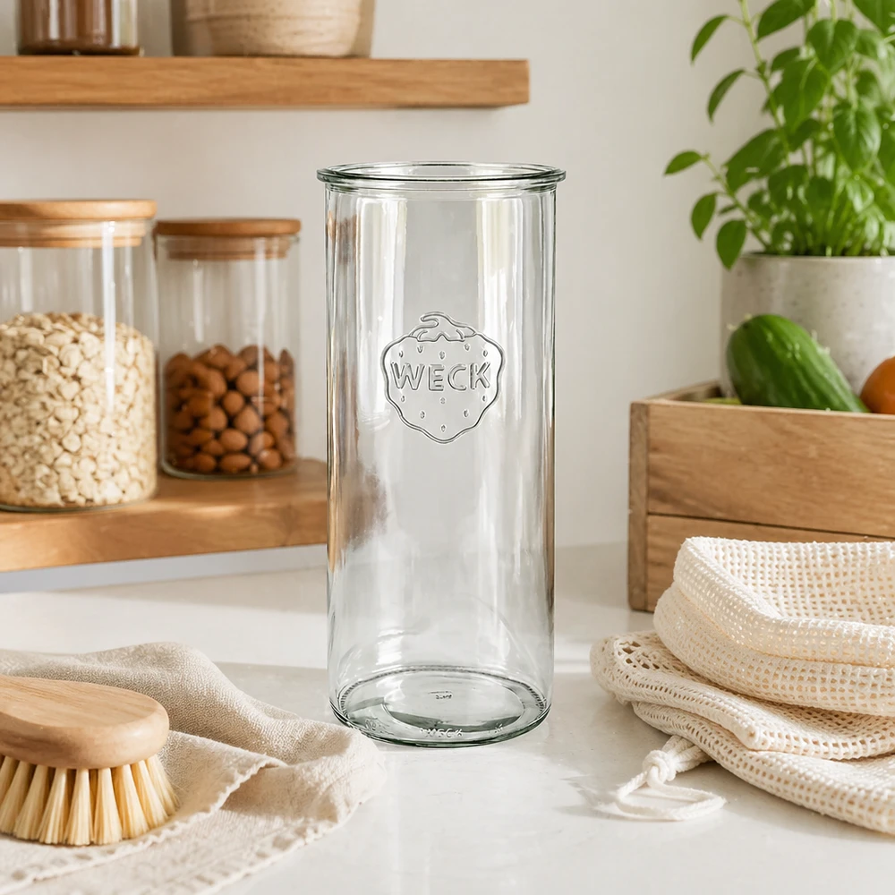 Vaso da 1500 ml WECK RR100 in una cucina moderna con scaffali in legno e prodotti sostenibili