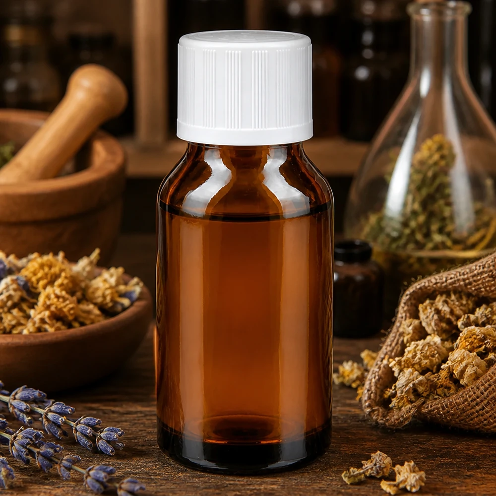 Flacone di vetro marrone da 30 ml con tappo di sicurezza bianco, tra erbe essiccate e lavanda