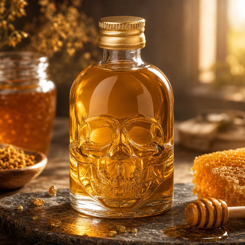 Bottiglia di vetro Hector 50ml con teschio in rilievo riempita di miele accanto a un favo e a un cucchiaio di miele nella cucina calda