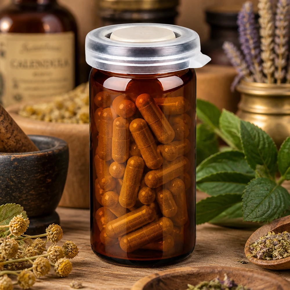 Barattolo da tavolo/rotolo 10ml marrone con coperchio a scatto Vasetto da farmacia marrone da 10 ml con coperchio a scatto, contenente capsule alle erbe di colore marrone dorato