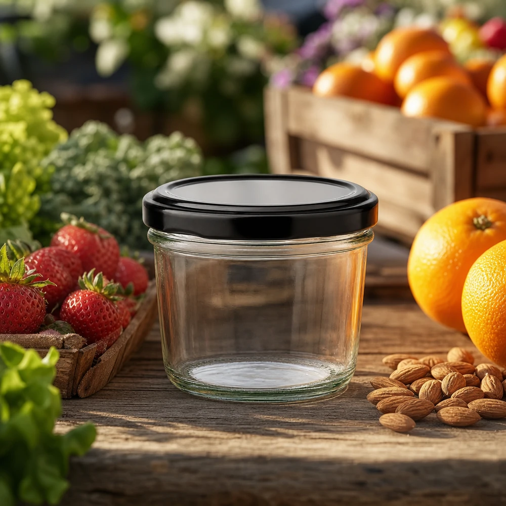 Bicchieri da 230 ml con coperchio BasicSeal nero UNiTWIST. Il barattolo di vetro vuoto da 230 ml con coperchio nero tra frutta fresca e noci mostra le possibilità di applicazione naturali