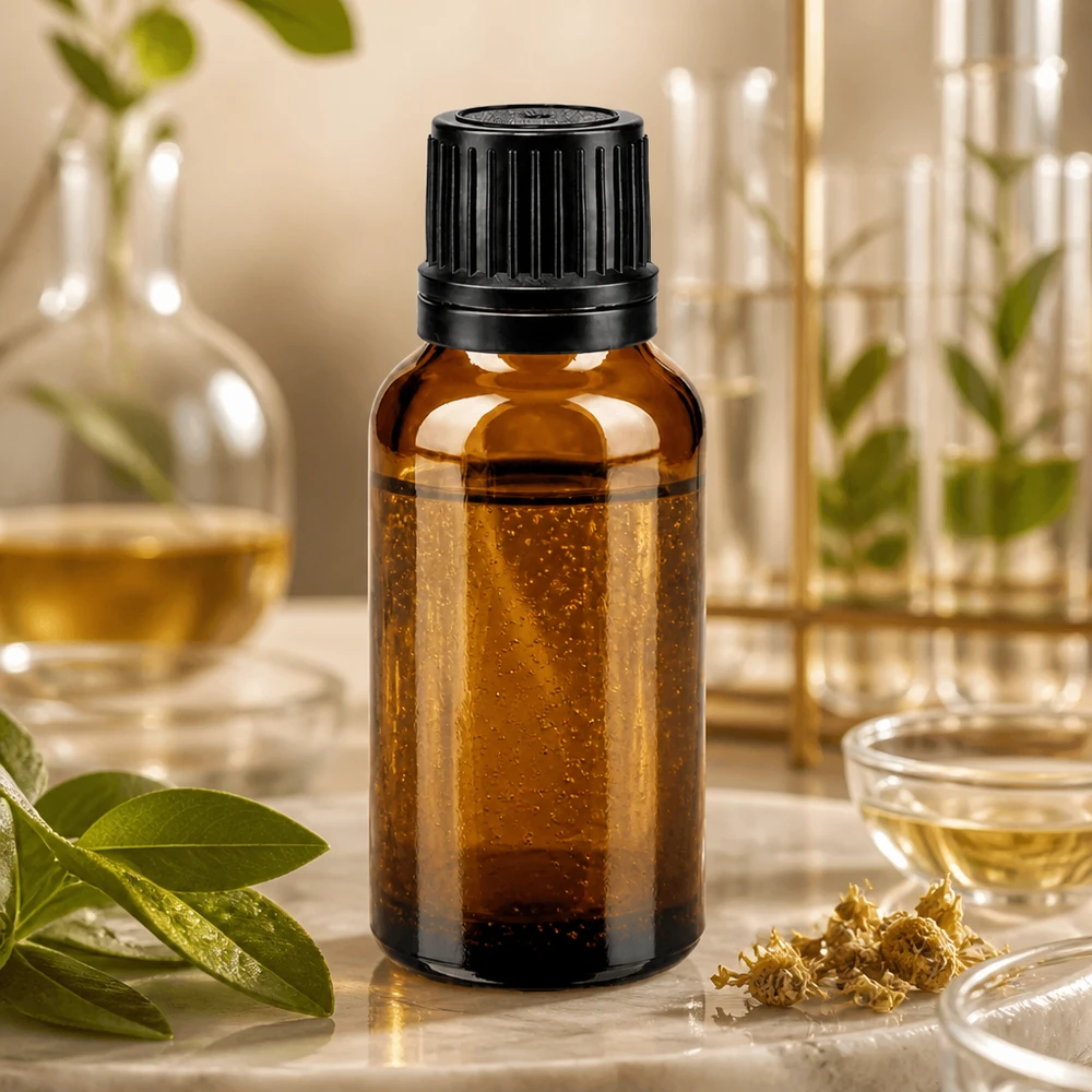 Flacone in vetro da 20 ml color ambra con tappo di sicurezza nero da 8 mm per prodotti farmaceutici