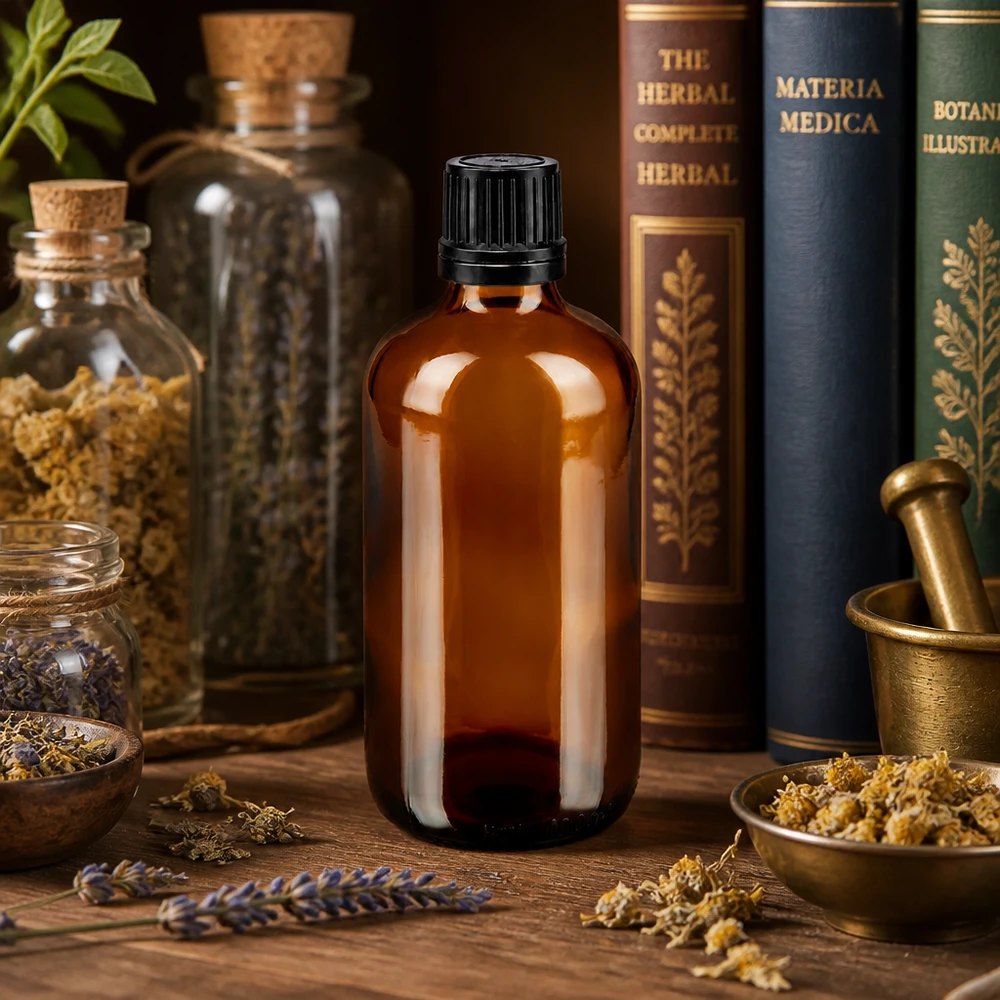 Flacone contagocce da 100 ml in vetro ambrato con confezione esterna nera, accanto a libri sulle erbe e mortai