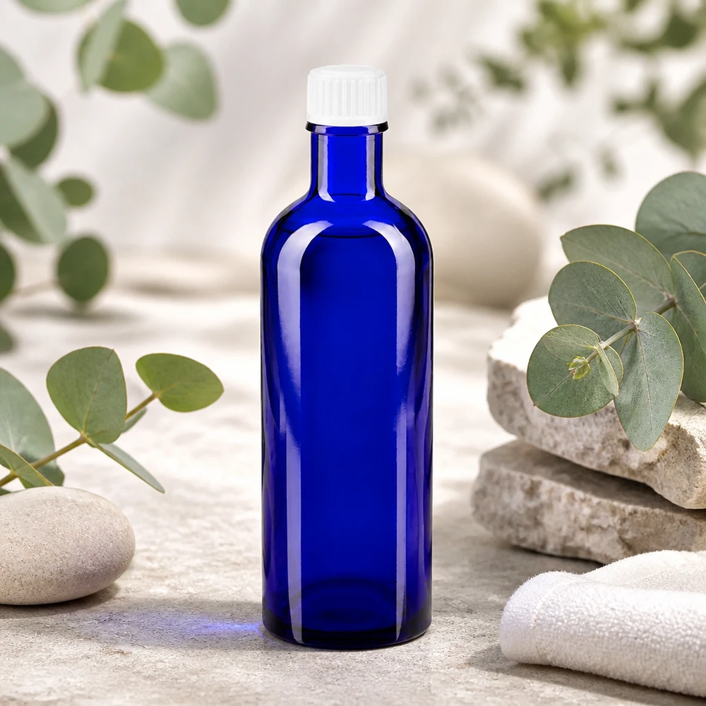 Flacone da farmacia da 200 ml, blu, con tappo a vite bianco in vetro a prova di bambino