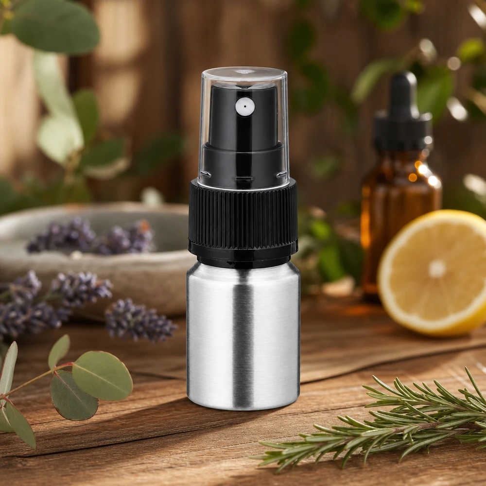 Elegante flacone in alluminio da 10 ml con meccanismo spray - finitura satinata per prodotti cosmetici di alta qualità