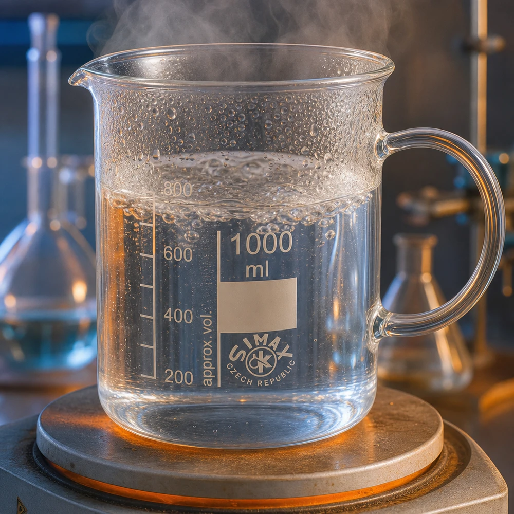 Bicchiere da 1000 ml in vetro borosilicato, con impugnatura Acqua bollente in un becher da 1000 ml con manico su una piastra riscaldante in laboratorio