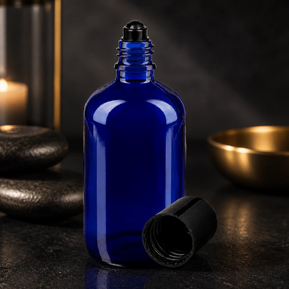 Flacone roll-on 100ml blu STD nero ApoGlas Flacone da farmacia da 100 ml blu cobalto con applicatore roll-on nero e tappo a vite