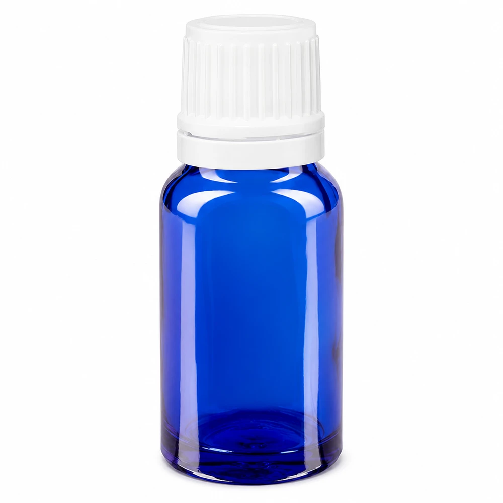 Flacone contagocce blu da 10ml OV bianco/0,7mm ApoGlas Flacone da farmacia in vetro blu da 10 ml con tappo di sicurezza bianco e dosatore a gocce da 0,7 mm