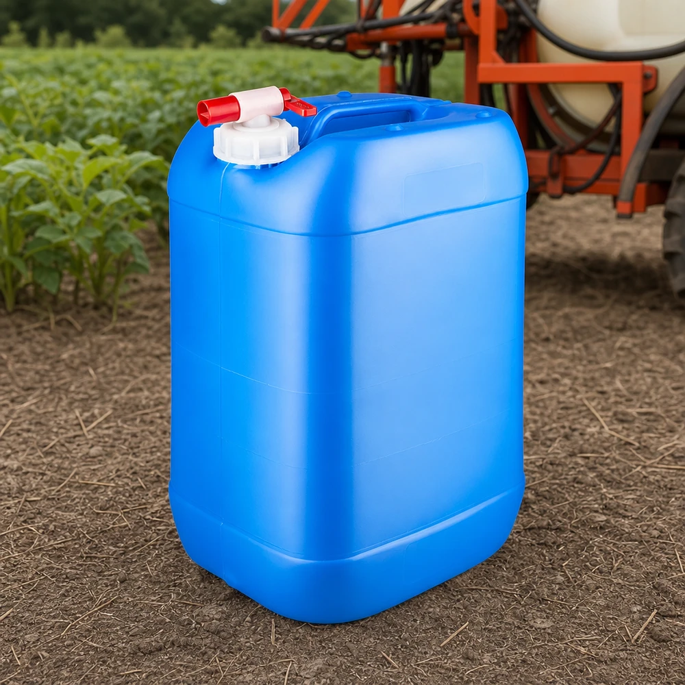 Tanica 25 litri blu con rubinetto di scarico Tanica blu da 25 litri con rubinetto di scarico utilizzata in ambito agricolo accanto a un irroratore
