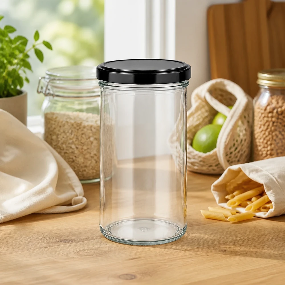 Bicchieri da 277 ml con coperchio BasicSeal nero UNiTWIST. 277ml Sturzglas mit schwarzem Deckel umgeben von nachhaltigen Vorratsbehältern und Zero-Waste-Produkten auf Küchenarbeit