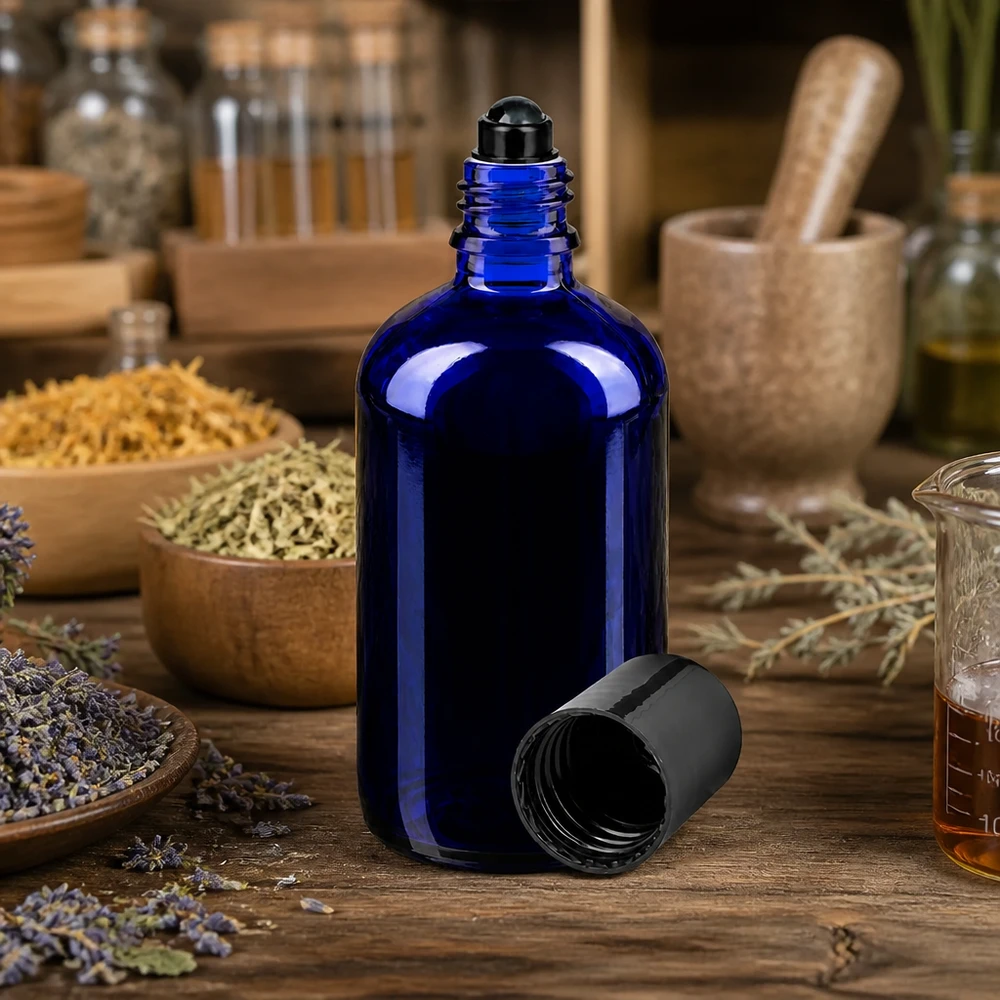 Flacone roll-on 100ml blu STD nero ApoGlas Fiaschetta da farmacia blu da 100 ml con tappo a sfera nero, tra erbe essiccate e lavanda