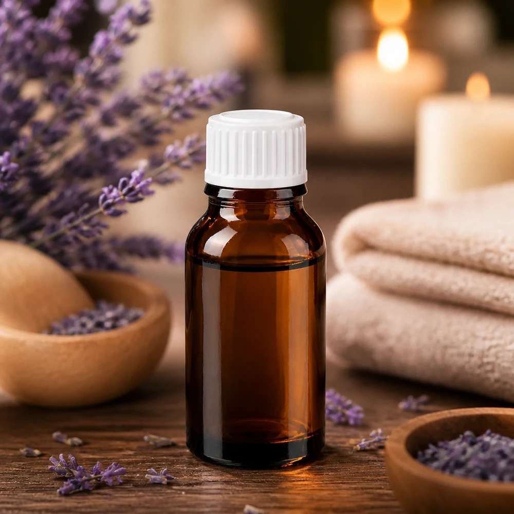 Flacone da farmacia da 15 ml, marrone con tappo a vite bianco, circondato da fiori di lavanda e candele
