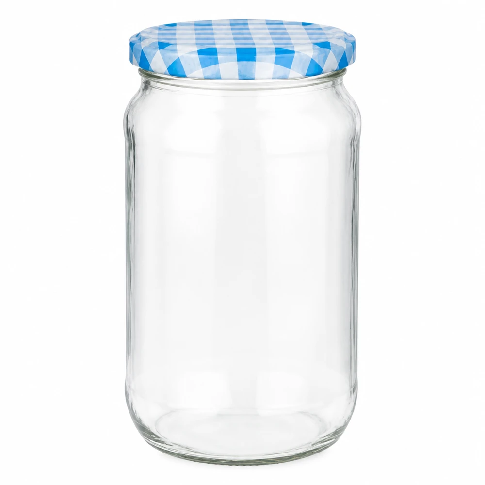Barattolo rotondo da 1062 ml + coperchio BasicSeal blu/bianco UNiTWIST. Barattolo rotondo da 1062 ml con coperchio BasicSeal a scacchi blu e bianchi, barattolo vuoto per conserve e stoccaggio