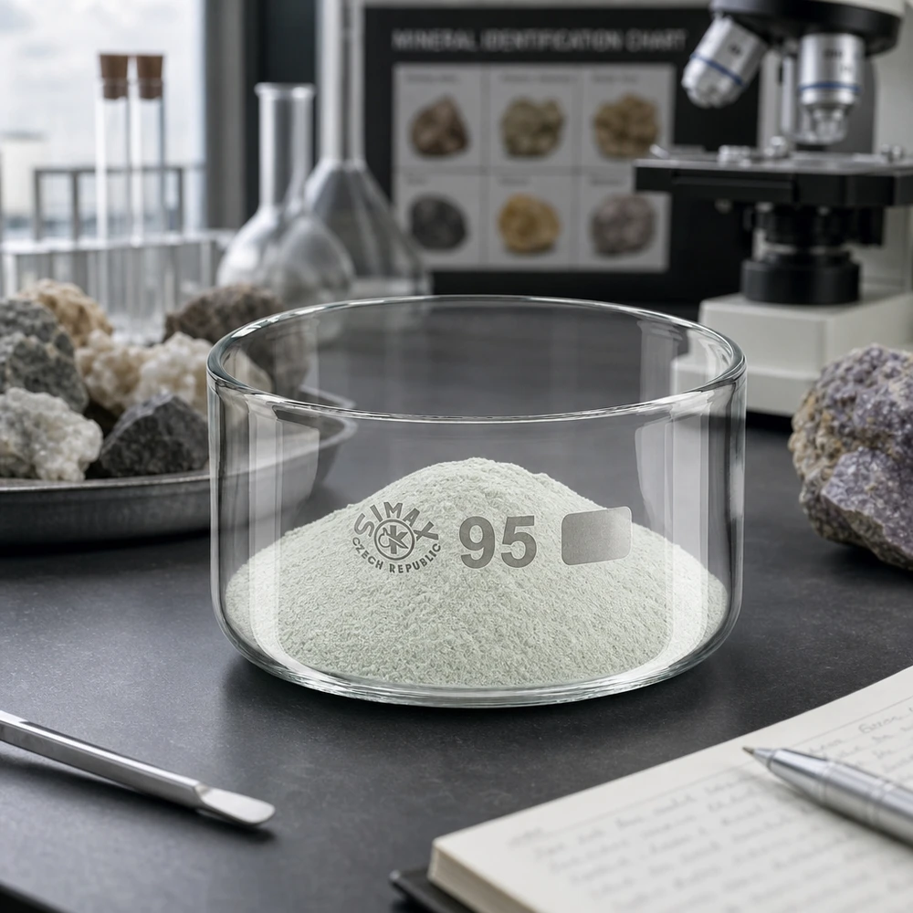 Piatto per cristallizzazione da 300ml senza beccuccio Bo. ø95mm Polvere minerale bianca in una vaschetta di cristallizzazione Simax da 300 ml, diametro 95 mm, laboratorio geologico