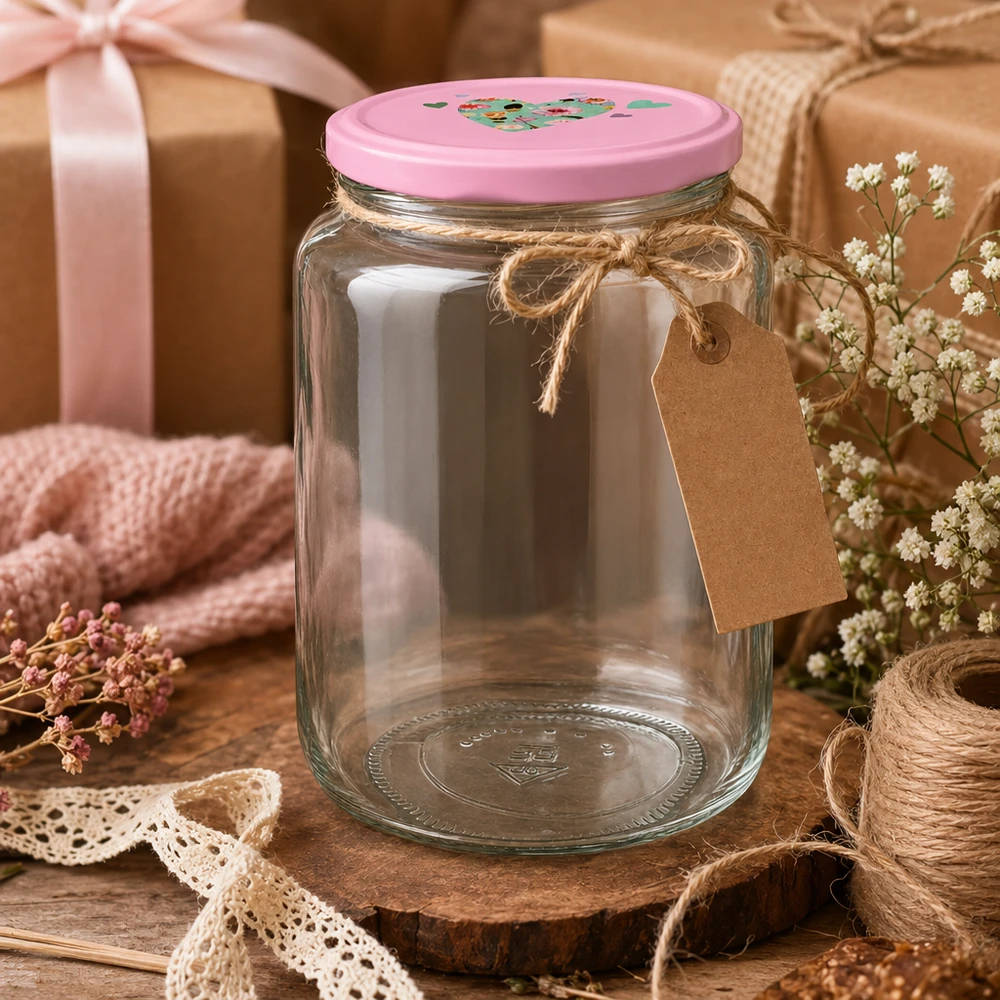 795ml vaso rotondo + coperchio BasicSeal cuore rosa UNiTWIST Dekoratives Rundglas 795ml mit rosa Herzdeckel als Geschenkidee rustikale Präsentation mit Anhänger und Juteschnur