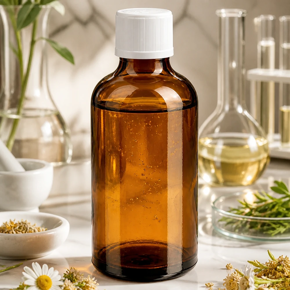 Bottiglia da farmacia marrone da 50 ml. SV STD KiSi bianco/11 mm ApoGlas Piccola bottiglia di vetro marrone da 50 ml con tappo di sicurezza per bambini bianco, davanti a provette da laboratorio ed erbe aromatiche
