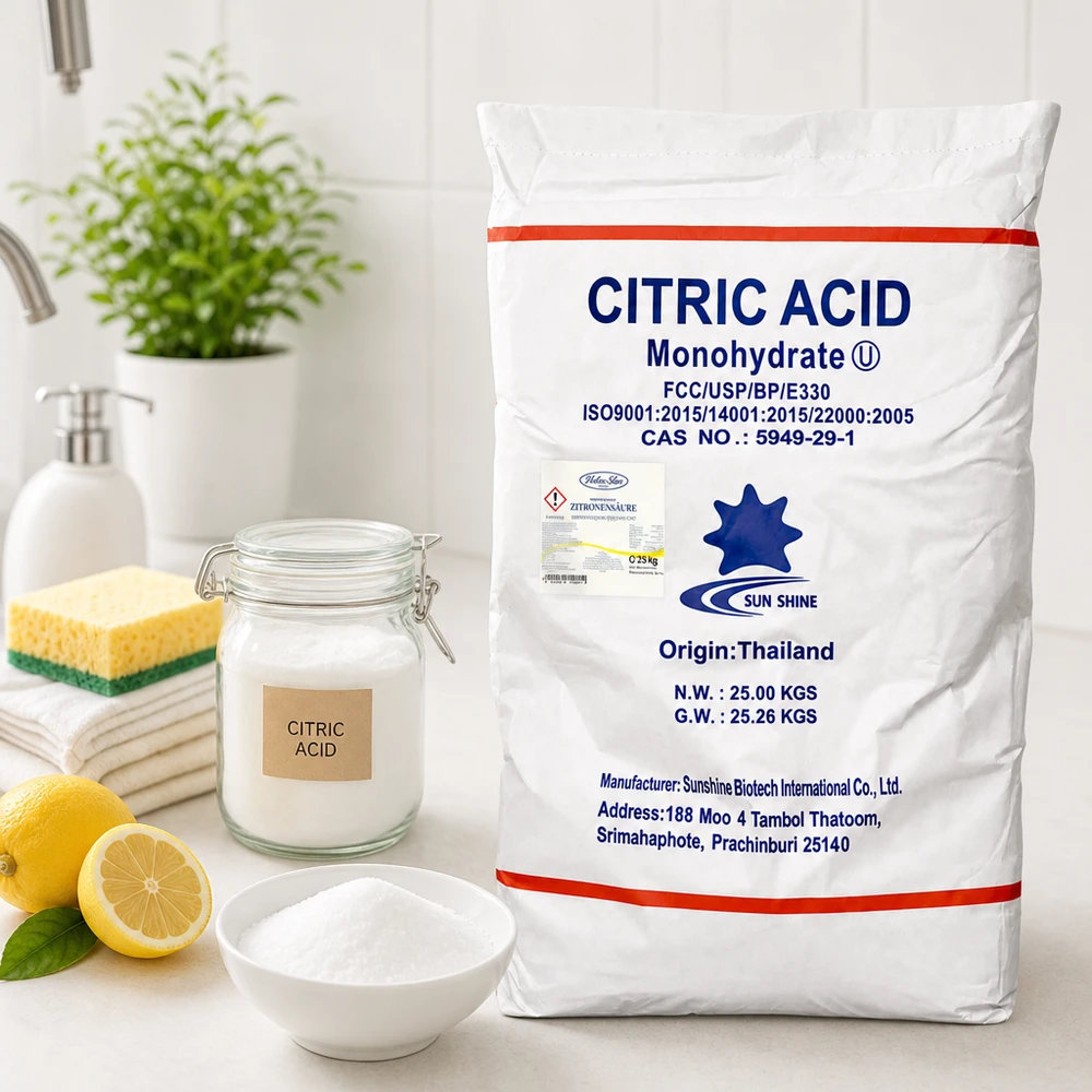 Acido citrico E330 Premium in contenitori da 25 kg di SunShine Biotech - Additivo alimentare dalla Tailandia