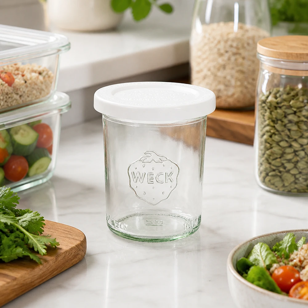 Bicchieri WECK 160ml RR60 in una cucina moderna con barattoli per la conservazione di insalata ed erbe fresche - conservazione versatile