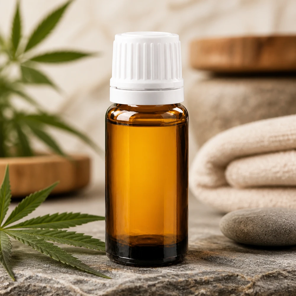Flacone marrone da 10 ml con protezione dai raggi UV e tappo OV bianco, ideale per l'olio di CBD e i cosmetici naturali