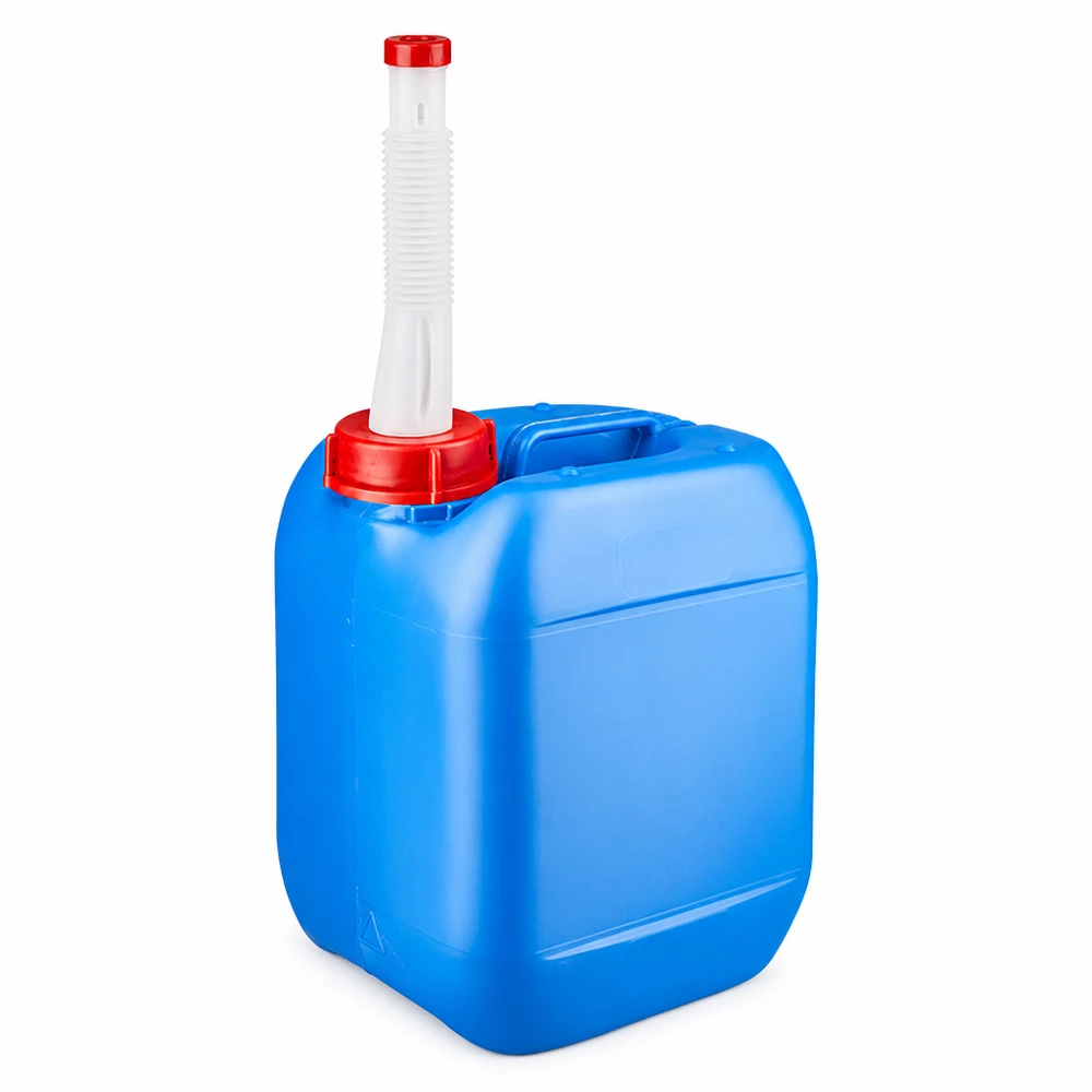 Tanica di plastica blu da 5 litri con beccuccio flessibile e tappo rosso