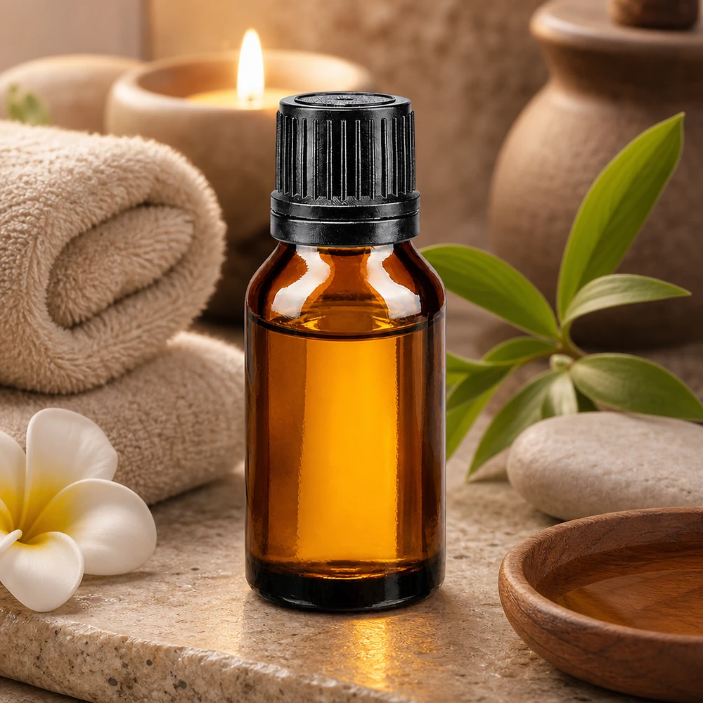 Flacone di vetro marrone da 15 ml con tappo contagocce nero su una superficie di marmo, accanto a una candela e a un asciugamano