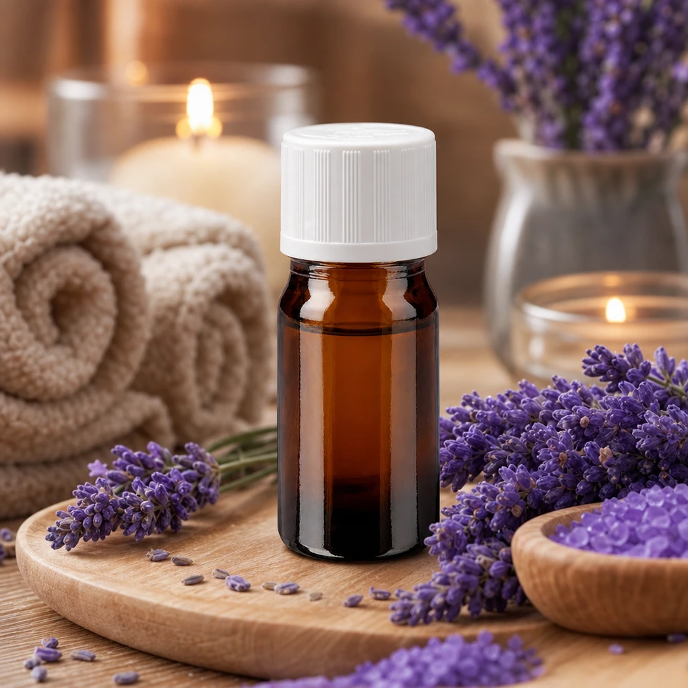 Flacone in vetro ambrato da 5 ml per aromaterapia con tappo di sicurezza bianco a prova di bambino, su vassoio di legno con lavanda