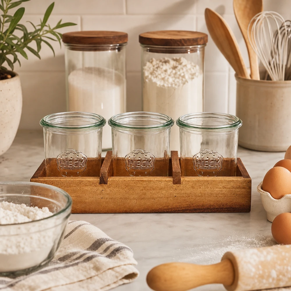 Barattoli WECK in vassoio da portata in legno di acacia Box3 Scena di cucina Ingredienti per la cottura Uova Farina Grana del legno naturale Conservazione