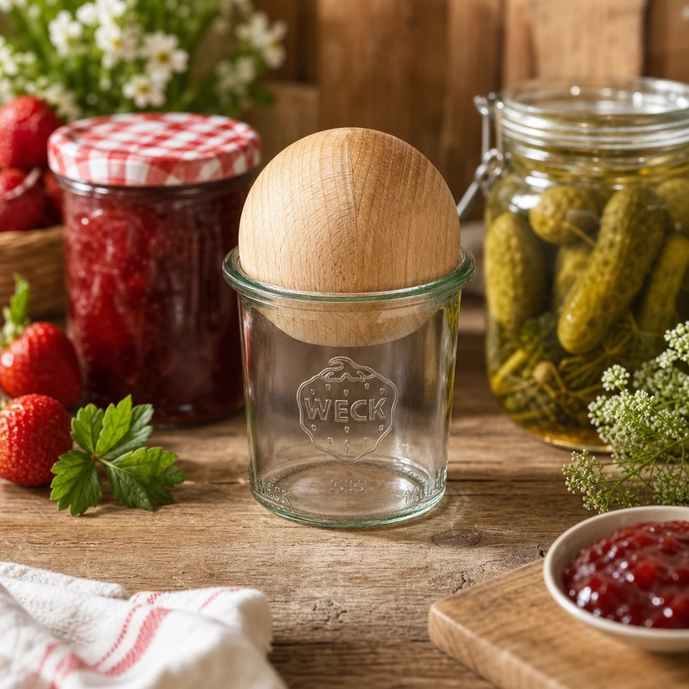 Barattolo WECK 140ml RR60 in cucina rustica con marmellata e cetriolini sott'aceto, coperchio in legno di faggio a vista