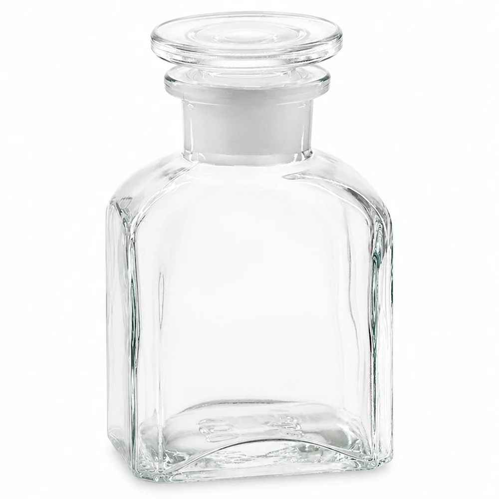 Bottiglia quadrata da 150 ml trasparente con tappo in vetro, realizzata in vetro di alta qualità, per uso di laboratorio e domestico