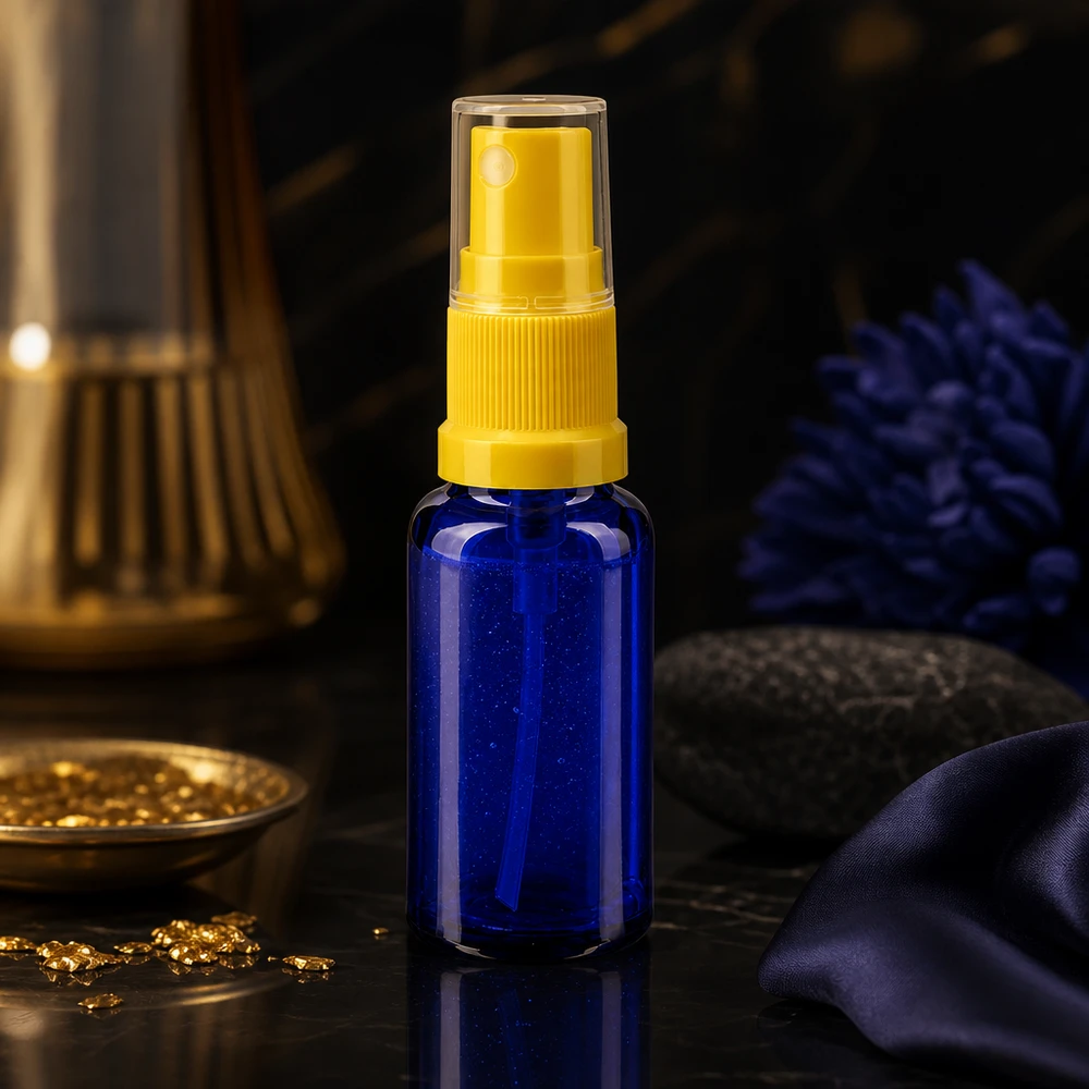 Flacone spray blu da 20ml STD giallo/trasparente in vetro da farmacia Flacone spray blu da 20 ml in vetro da farmacia con erogatore giallo e tappo protettivo trasparente