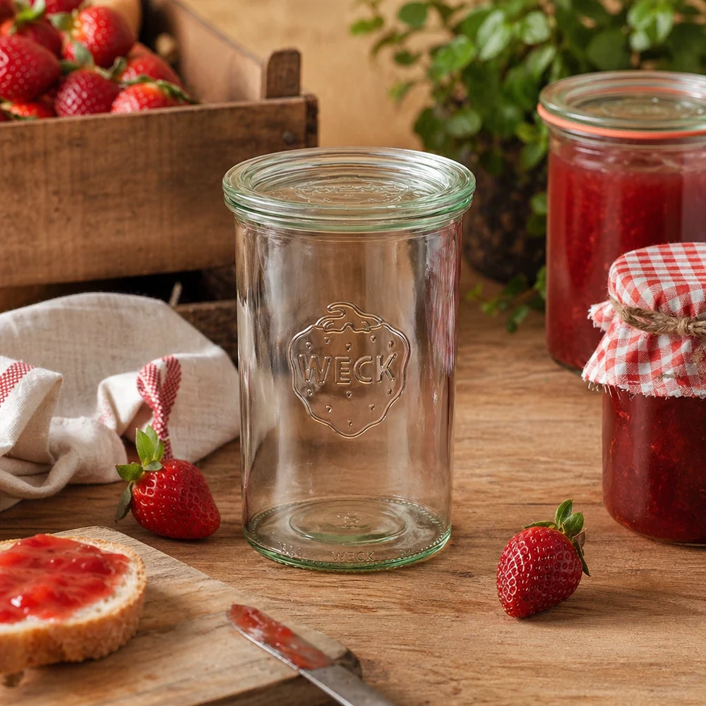 Bicchieri WECK RR100 da 1000 ml disposti in modo decorativo in una cucina rustica con fragole e marmellata fatta in casa