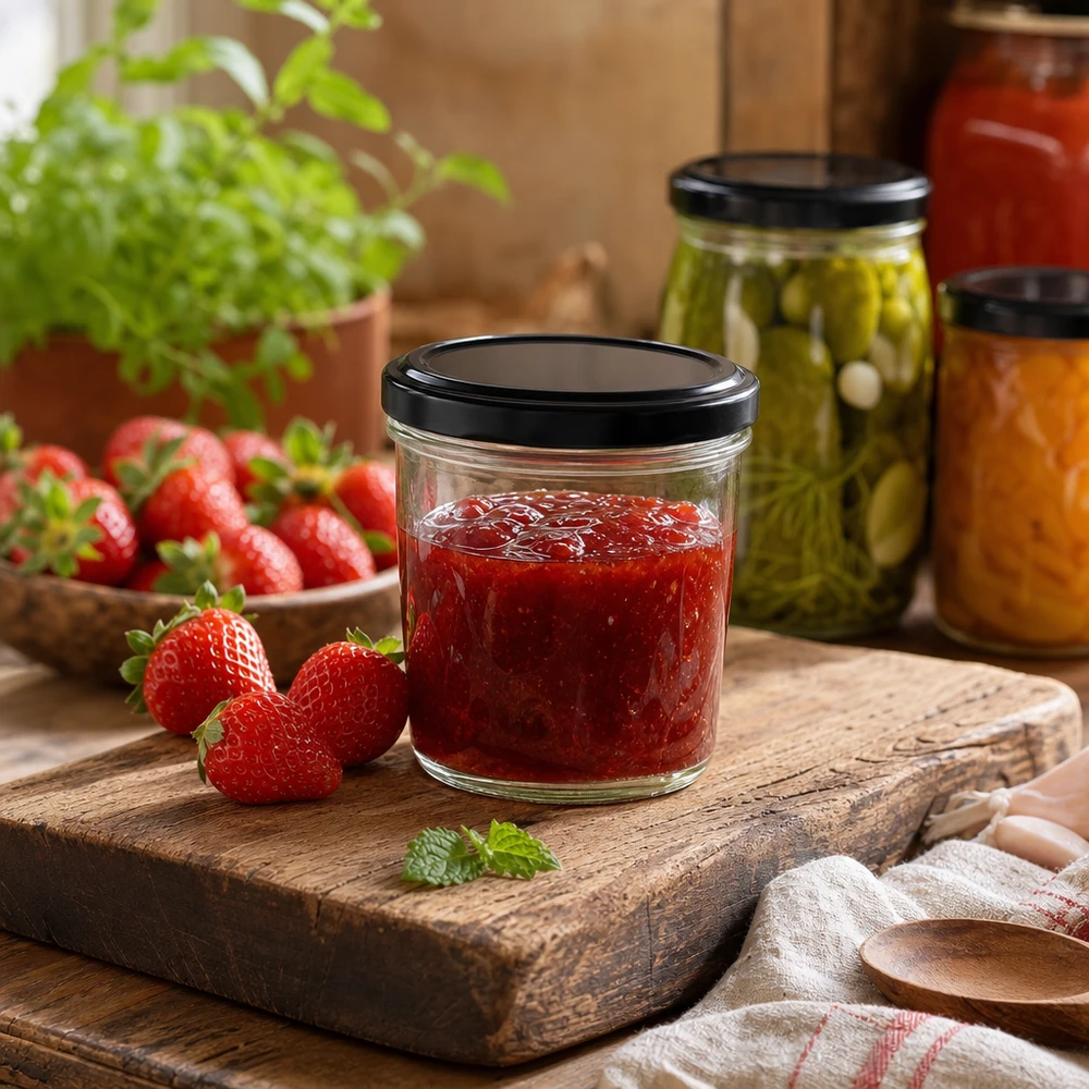 Bicchieri da 230 ml con coperchio BasicSeal nero UNiTWIST. Il barattolo da 230 ml con marmellata di fragole su tavola di legno mostra l'uso pratico del coperchio BasicSeal in cucina.
