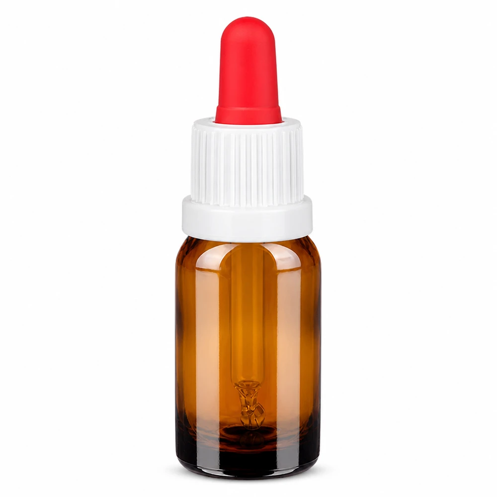 Flacone per pipette da 10 ml bianco/rosso OV BrownLine UT18/10 Flacone a pipetta da 10 ml in vetro ambrato con tappo bianco e contagocce rosso per un dosaggio preciso