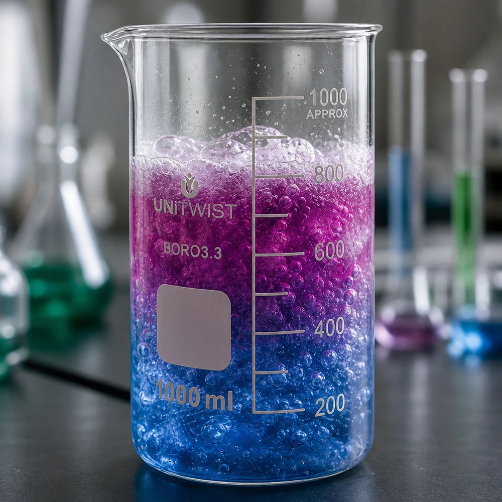UNITWIST Bicchiere da laboratorio da 1000 ml, forma alta, in borosilicato con sfumatura blu-viola, per esperimenti in laboratorio