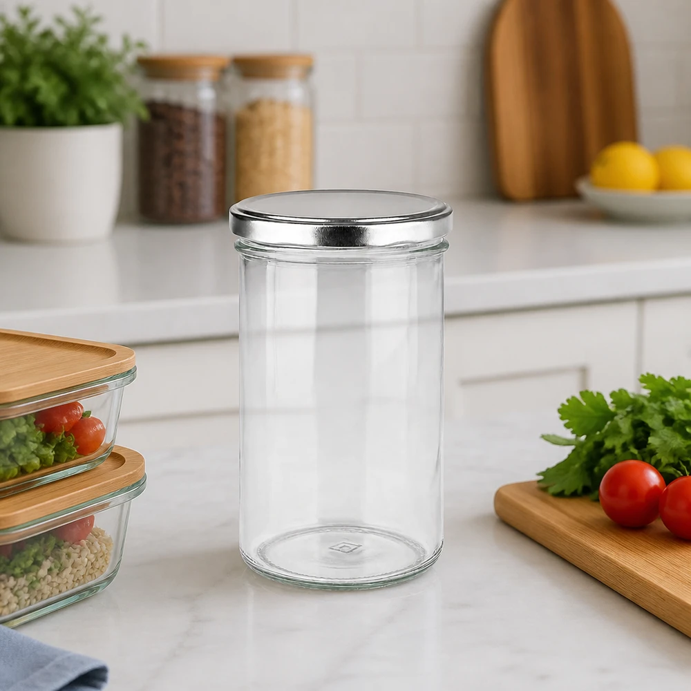 Bicchieri da 277 ml con coperchio BasicSeal argento UN.. Barattolo di vetro da 277 ml con coperchio argentato BasicSeal sul piano di lavoro della cucina, accanto ai contenitori per alimenti e alle erbe aromatiche.