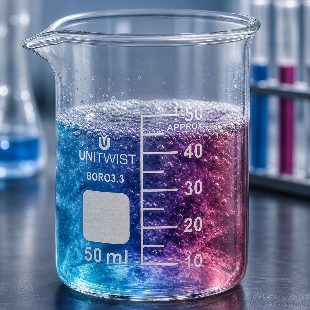 UNiTWIST Boccalino in vetro borosilicato da 50 ml, forma bassa, con liquido di reazione effervescente blu-rosa