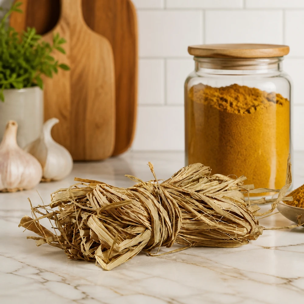 Raffia naturale 30g beige dorato su piano di lavoro in marmo con utensili da cucina mostra fibre decorative naturali per la casa