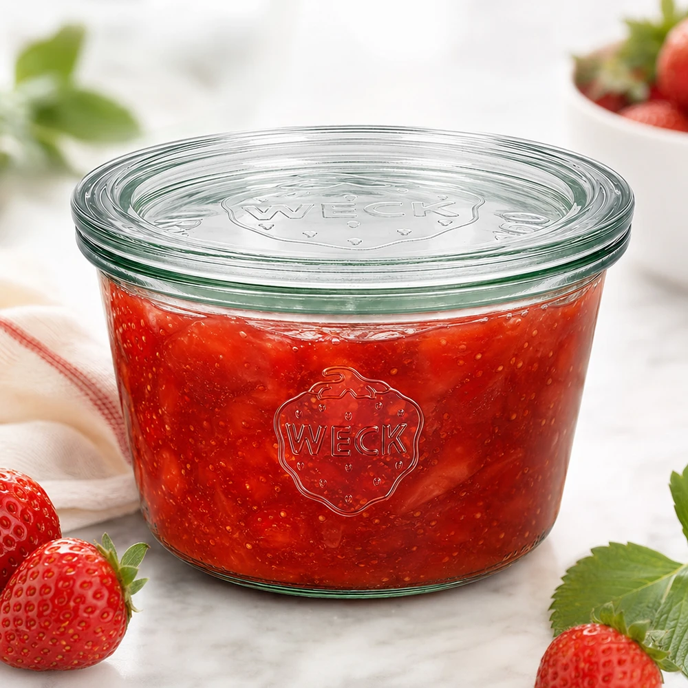 Barattolo da 370 ml con coperchio in vetro WECK RR100 Bicchieri WECK da 370 ml RR100 riempiti con marmellata di fragole rosse circondata da fragole fresche su una superficie bianca