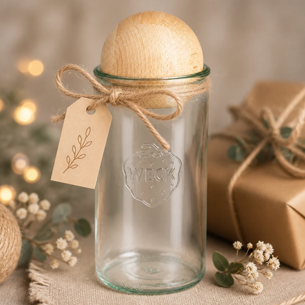 Vaso per conserve WECK 1590ml RR100 con sfera in legno di faggio come idea regalo con ciondolo in un'atmosfera decorativa accogliente