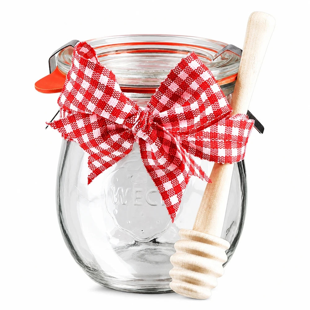 WECK mini vaso a tulipano da 220 ml con coperchio, fiocco rosso e cucchiaio da miele in legno, set di vasetti da conserva completo