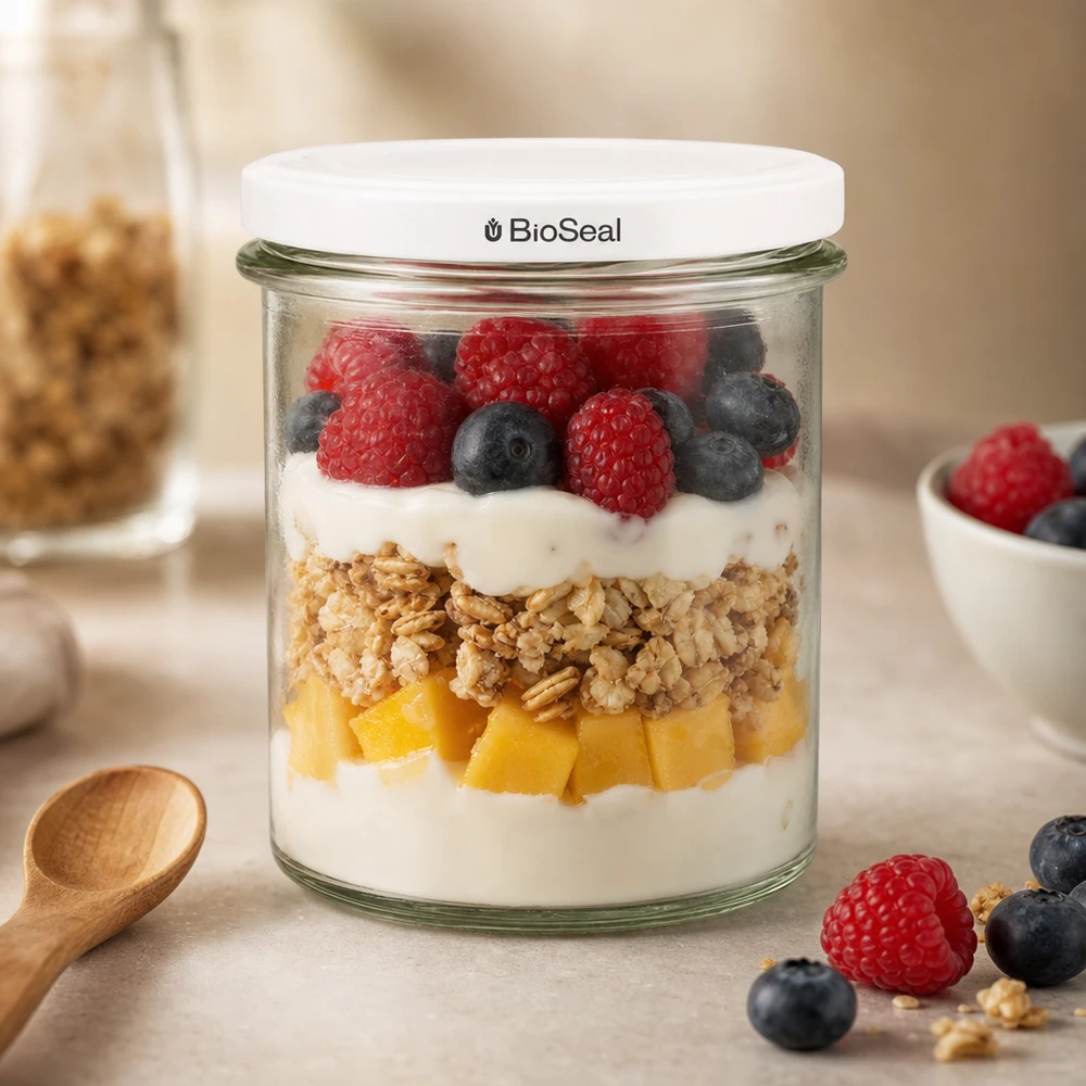 UNiTWIST Lintel350 con coperchio bianco TO82 BioSeal UNiTWIST Sturz350 als stylisches Dessertglas mit Beeren Granola und Joghurt zeigt moderne Küchenästhetik TO82 BioSeal