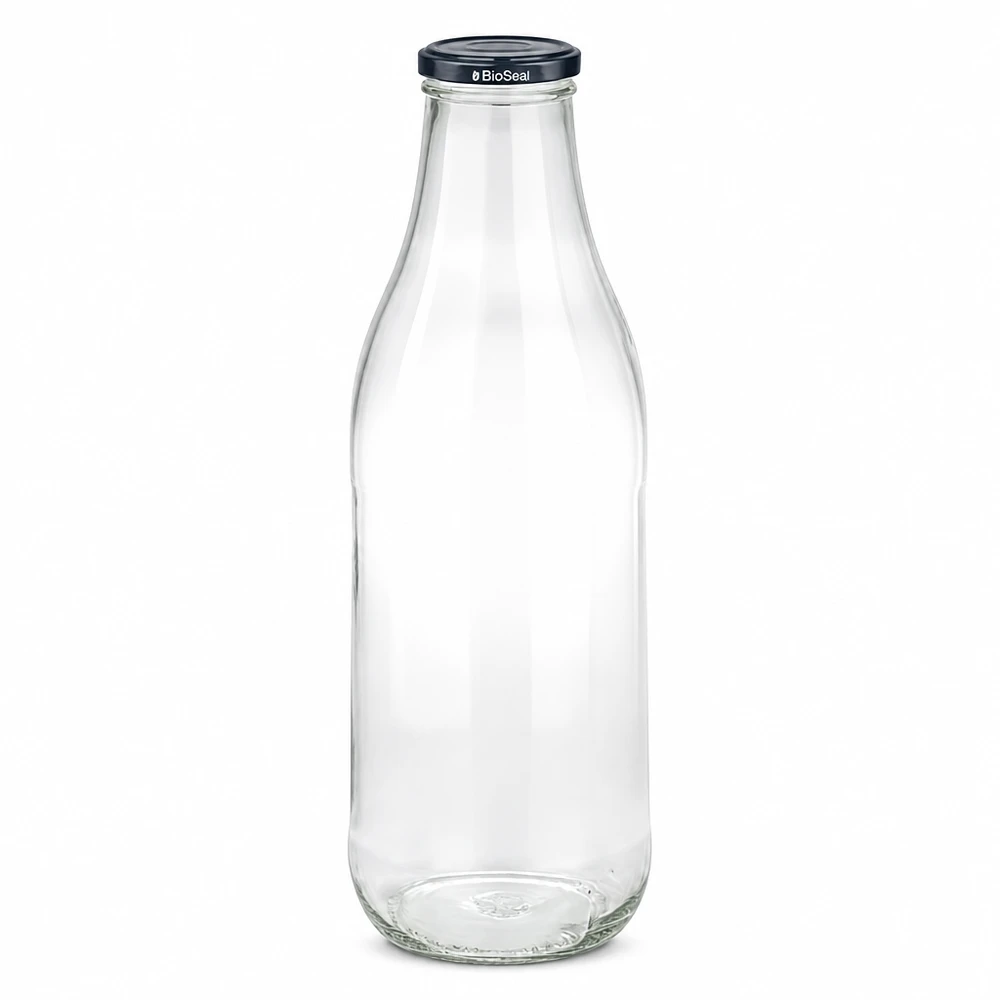 Bottiglia di vetro da 1000 ml + coperchio BioSeal nero UN.. Bottiglia di vetro da 1000 ml con coperchio nero BioSeal bottiglia di latte trasparente vuota bottiglia di succo sostenibile