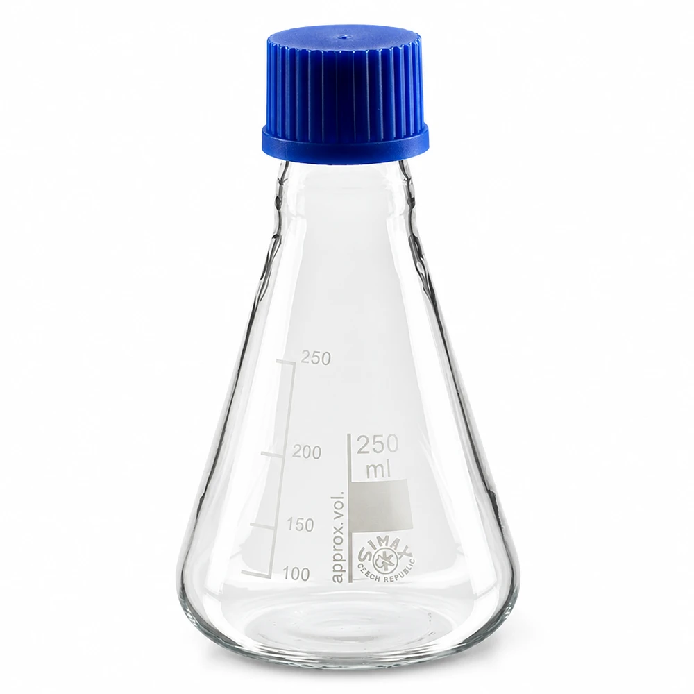 Beuta da 250 ml con tappo a vite Beuta da 250 ml con scala graduata e tappo a vite blu sicuro