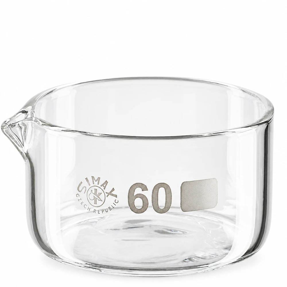 Vaschetta di cristallizzazione da 60 ml in vetro borosilicato con beccuccio, trasparente, cilindrica, Simax, Repubblica Ceca