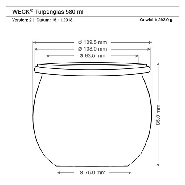 Vasetto a tulipano da 580 ml con coperchio salvafreschezza WECK RR100 Disegno tecnico del vaso WECK tulipano 580ml RR100 con misure e dimensioni per il coperchio a sfera in legno