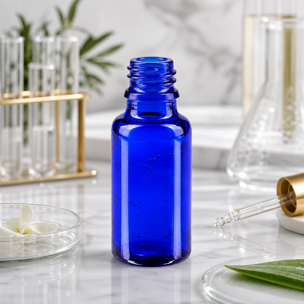 Flacone di vetro compatto da 20 ml in ApoGlas blu cobalto per l'uso mobile in viaggio