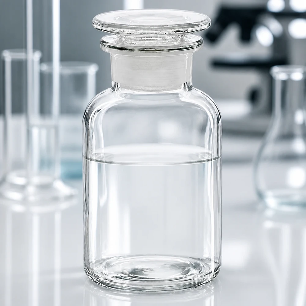 Bottiglia a spalla tonda 250ml chiara a collo largo con tappo in vetro Fiaschetta a collo largo in vetro borosilicato da 250 ml con tappo in vetro molato su un tavolo da laboratorio