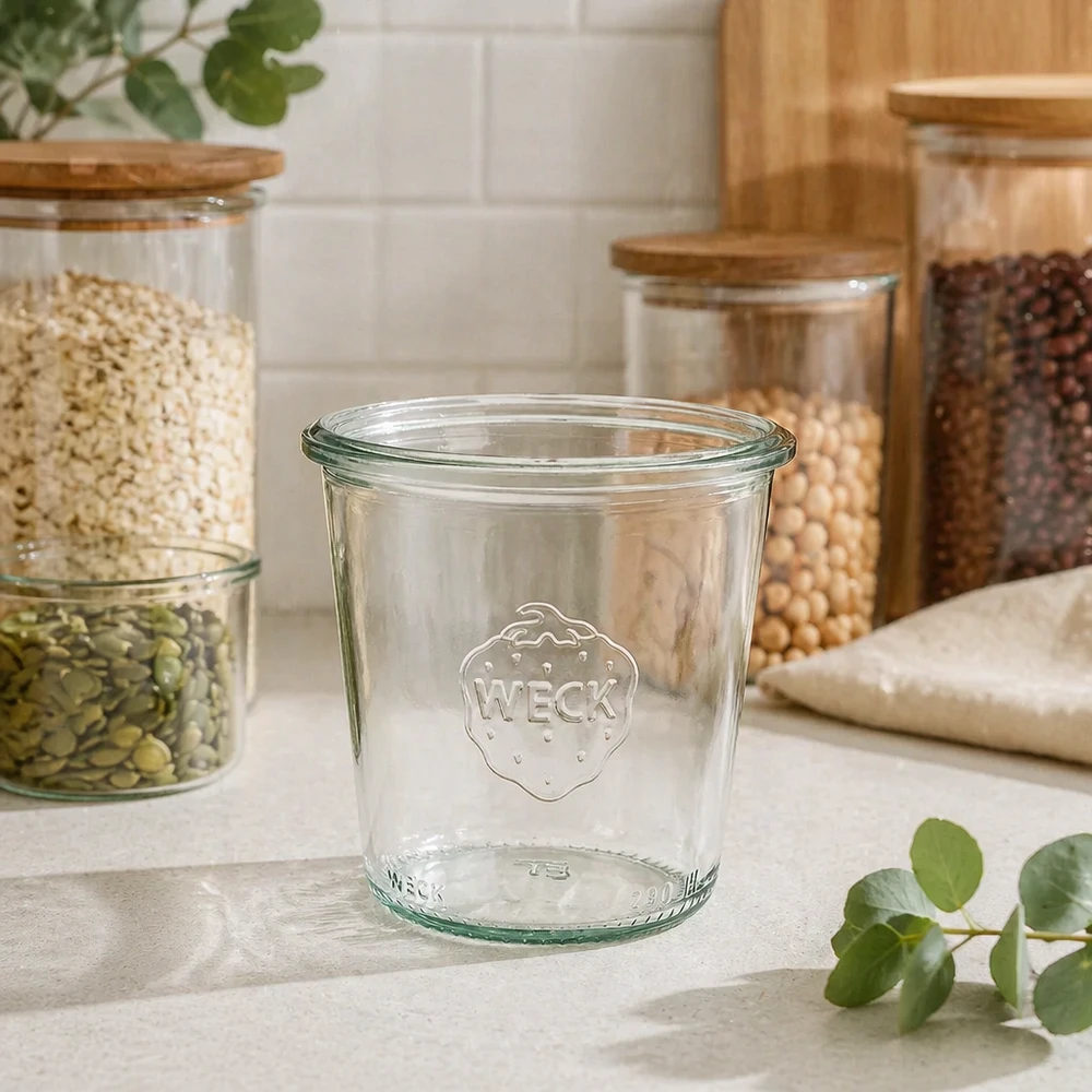 290ml WECK RR80 barattolo di vetro alto per la conservazione in cucina Conservazione su piano di lavoro bianco con barattoli di stoccaggio